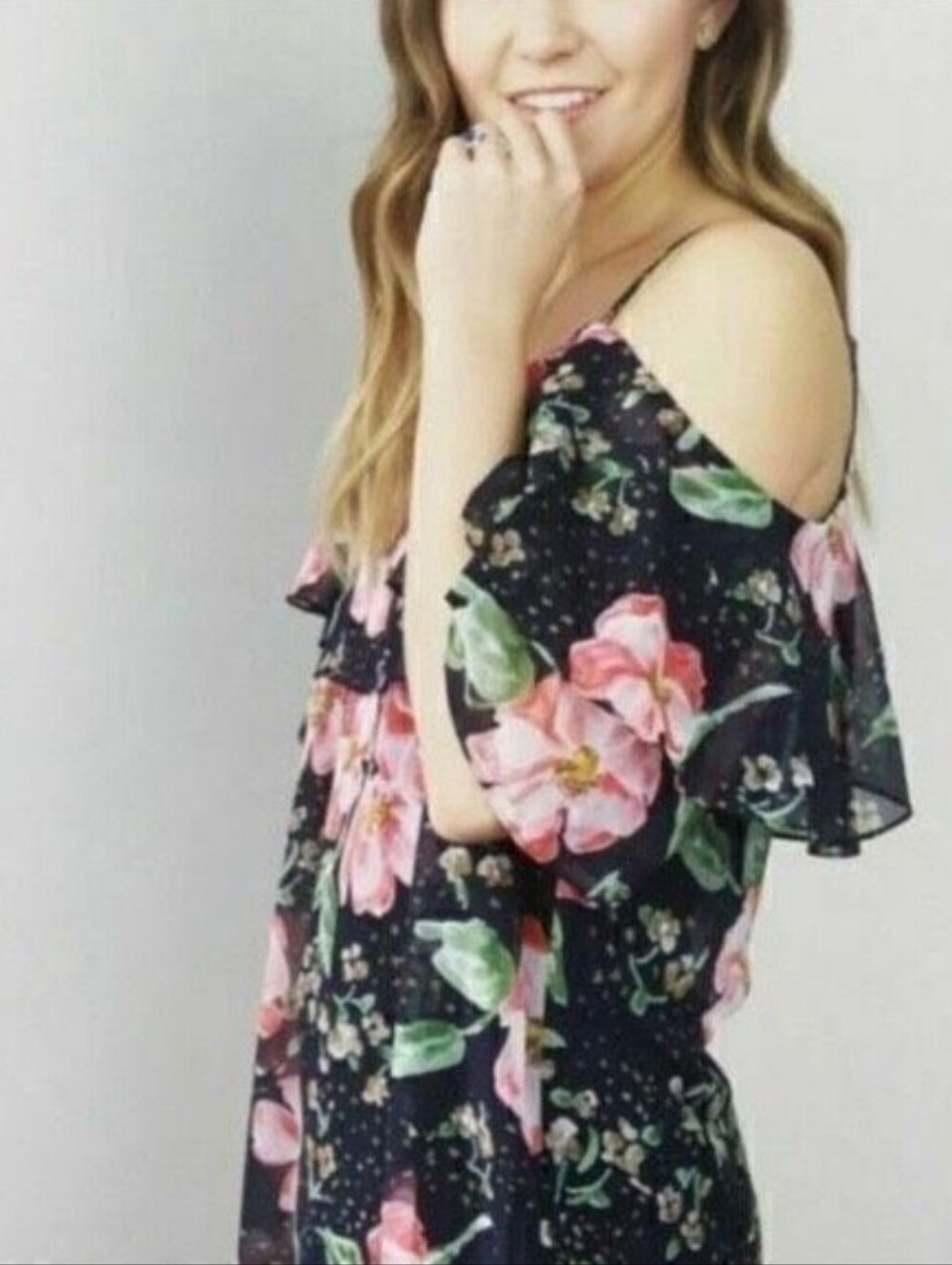 CAbi Dark Blue Floral Cold-Shoulder Blouse with Pink & Green Blooms Size Medium